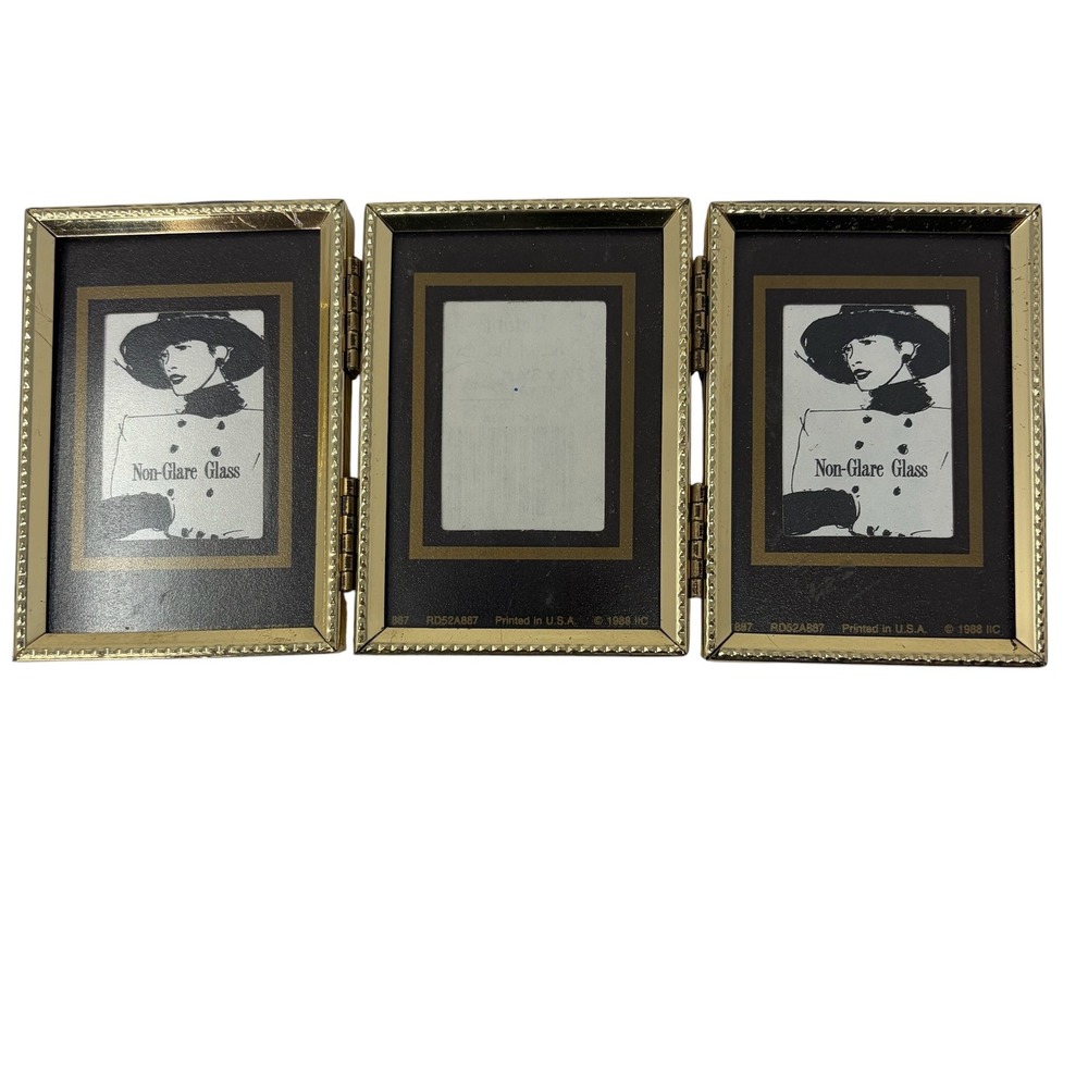 Vintage 1988 Gold Tone Triple Folding Photo Frame Mini Hinged Desk Picture Frame